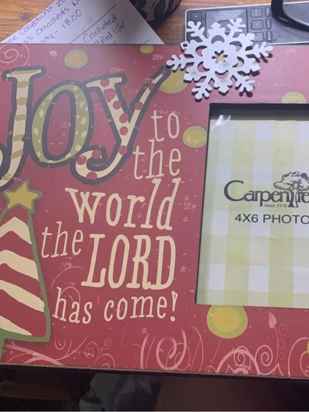 Large CarpenTree Wooden Holiday Joy To The World Photo Frame 4 x 6